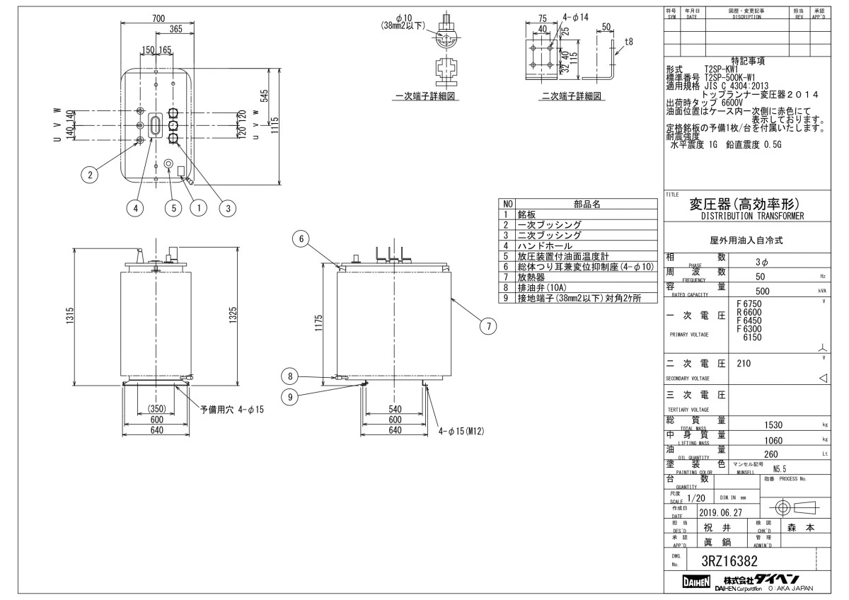 ダイヘン　トップランナーⅡ油入変圧器 三相T2SP-500K-W(50Hz)500kva