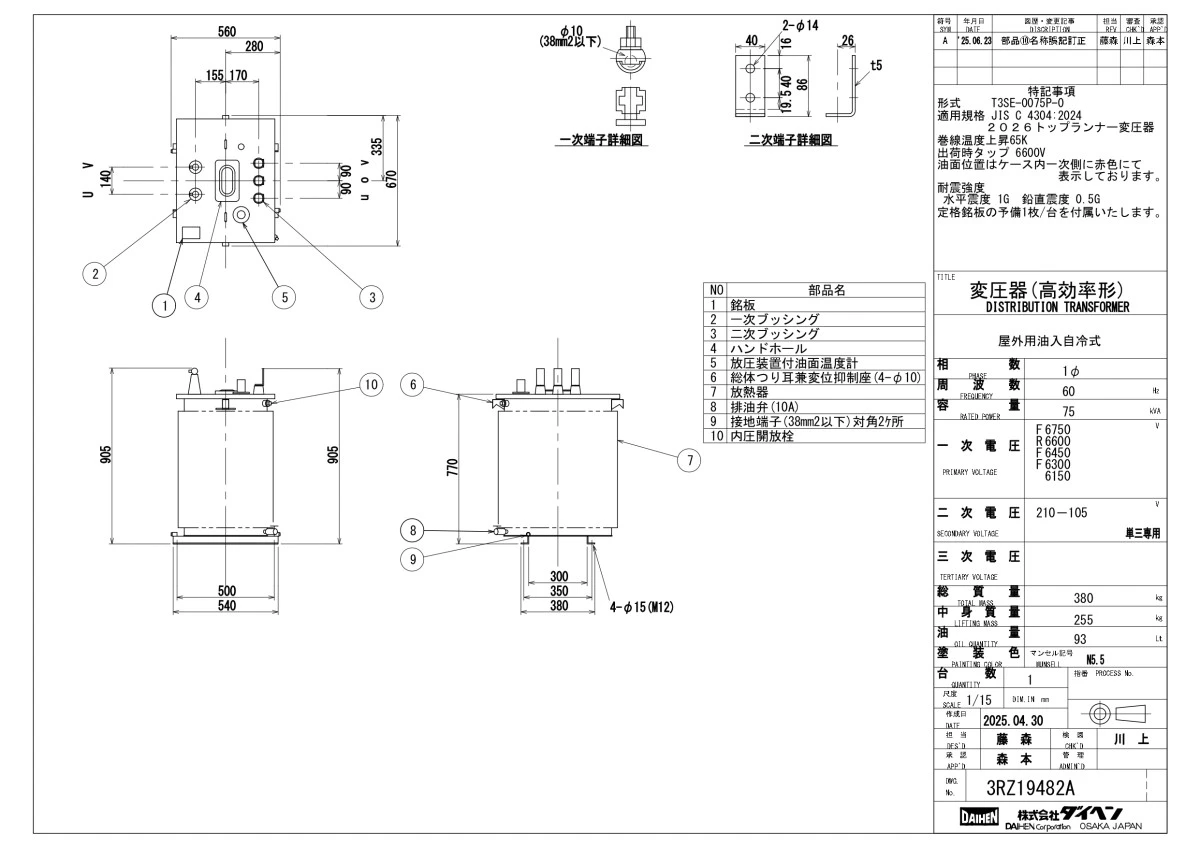ダイヘン　トップランナー油入変圧器　単相T3SE-0075P(60Hz)75kva