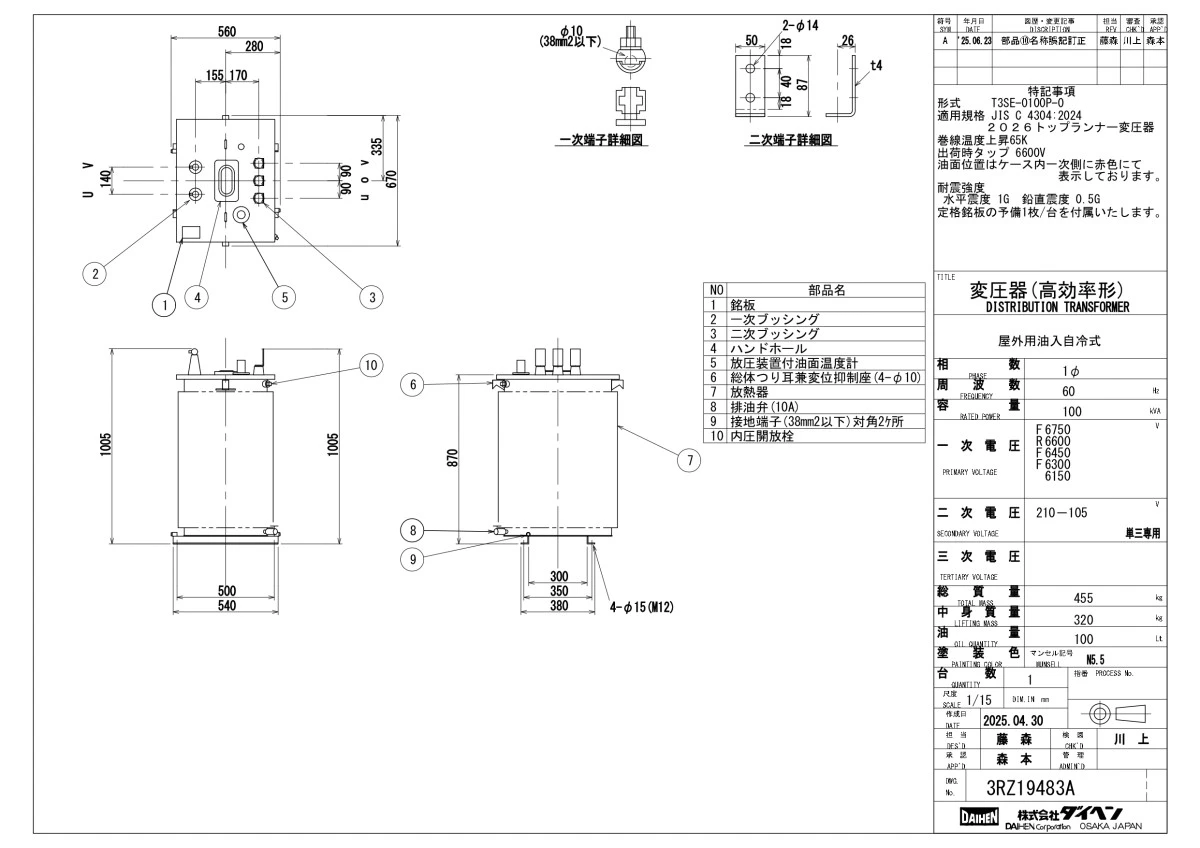 ダイヘン　トップランナー油入変圧器　単相T3SE-0100P(60Hz)100kva