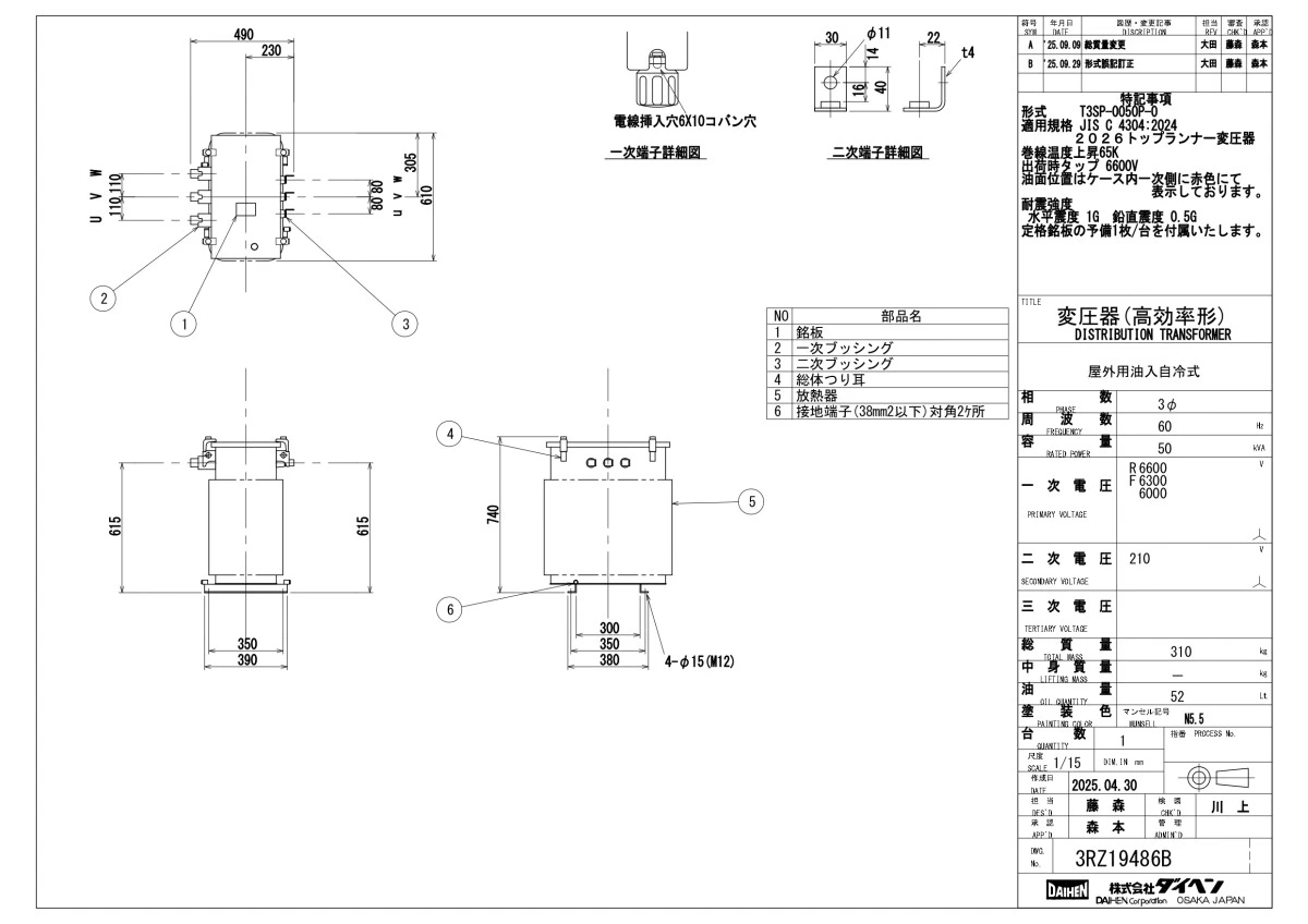 ダイヘン　トップランナー油入変圧器 三相T3SP-0050P(60Hz)50kva
