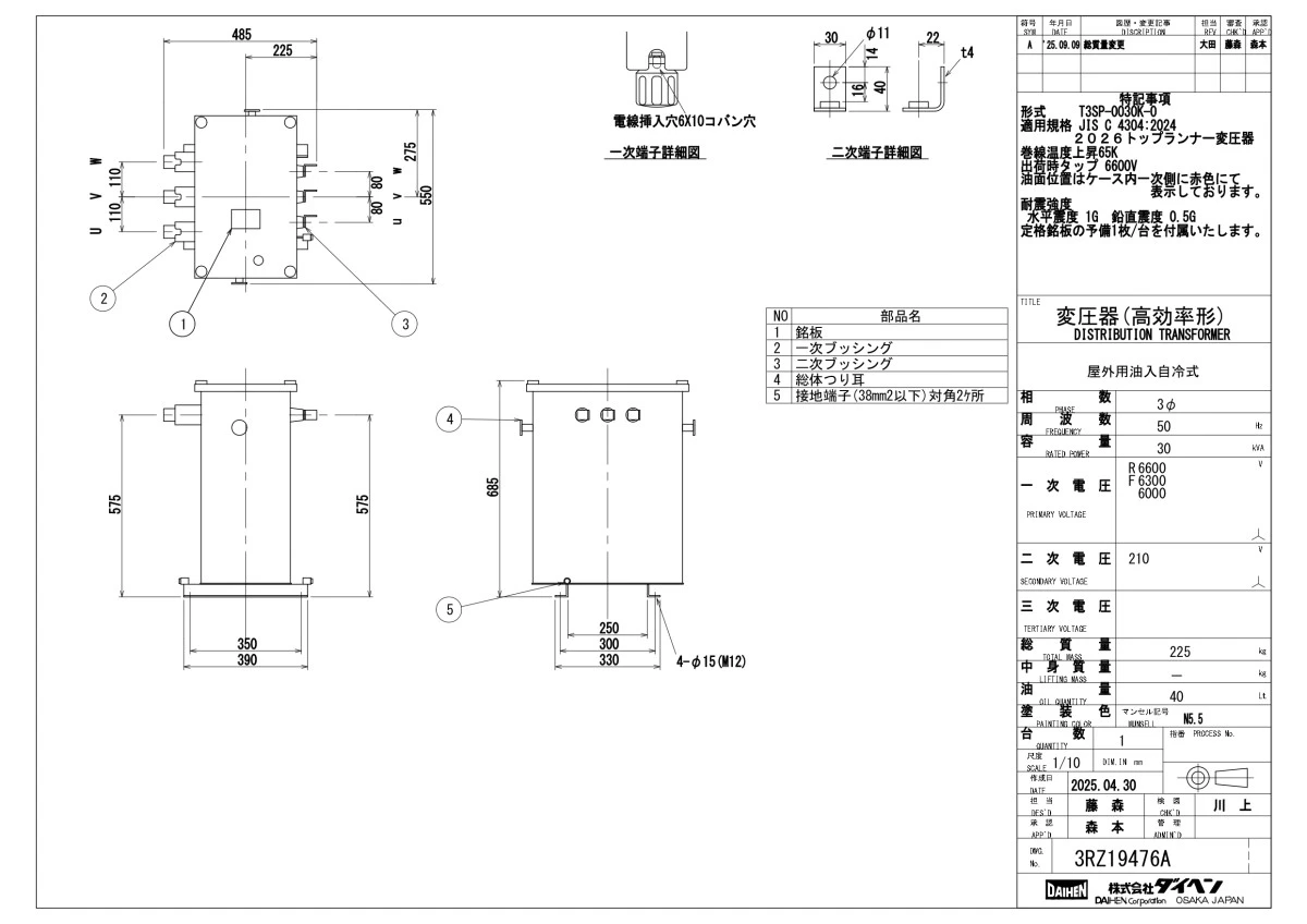 ダイヘン　トップランナー油入変圧器 三相T3SP-0030K(50Hz)30kva