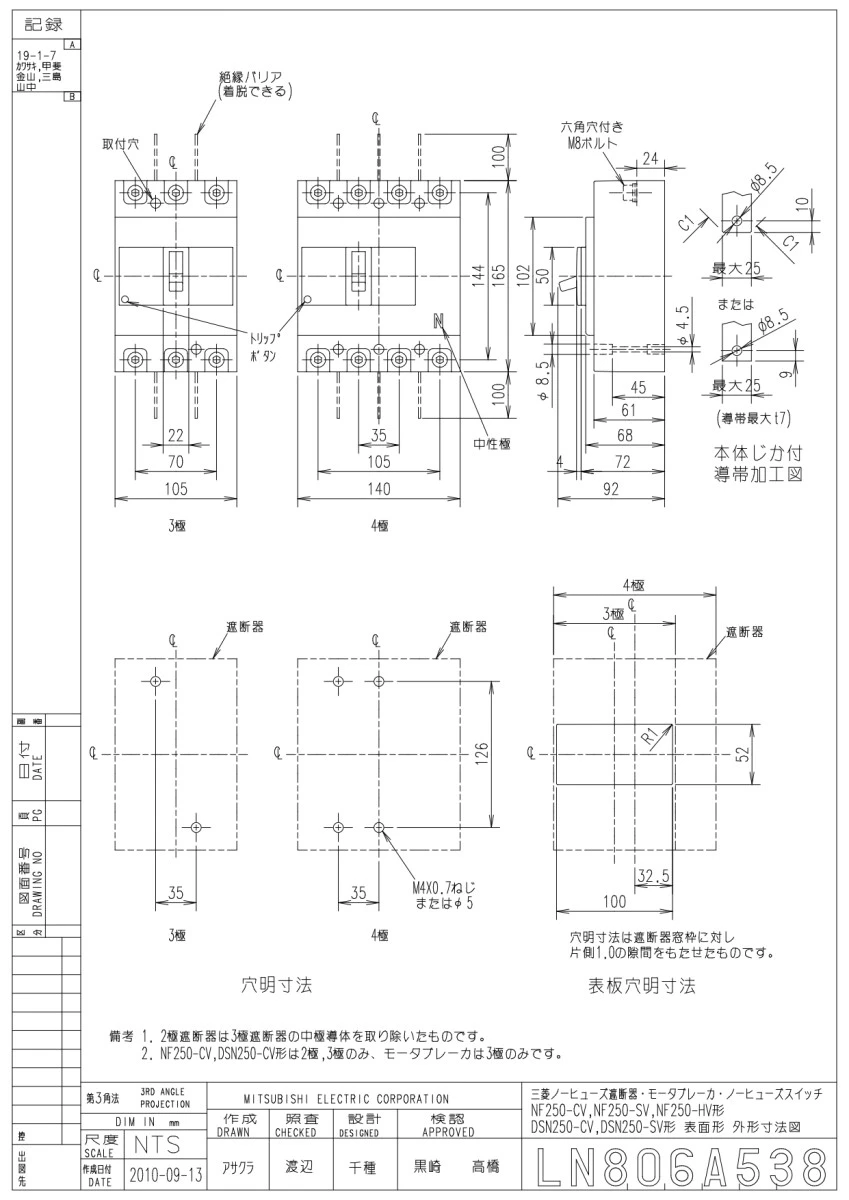 【送料無料】三菱電機 ノーヒューズ遮断機 NF250-CV2P 200A