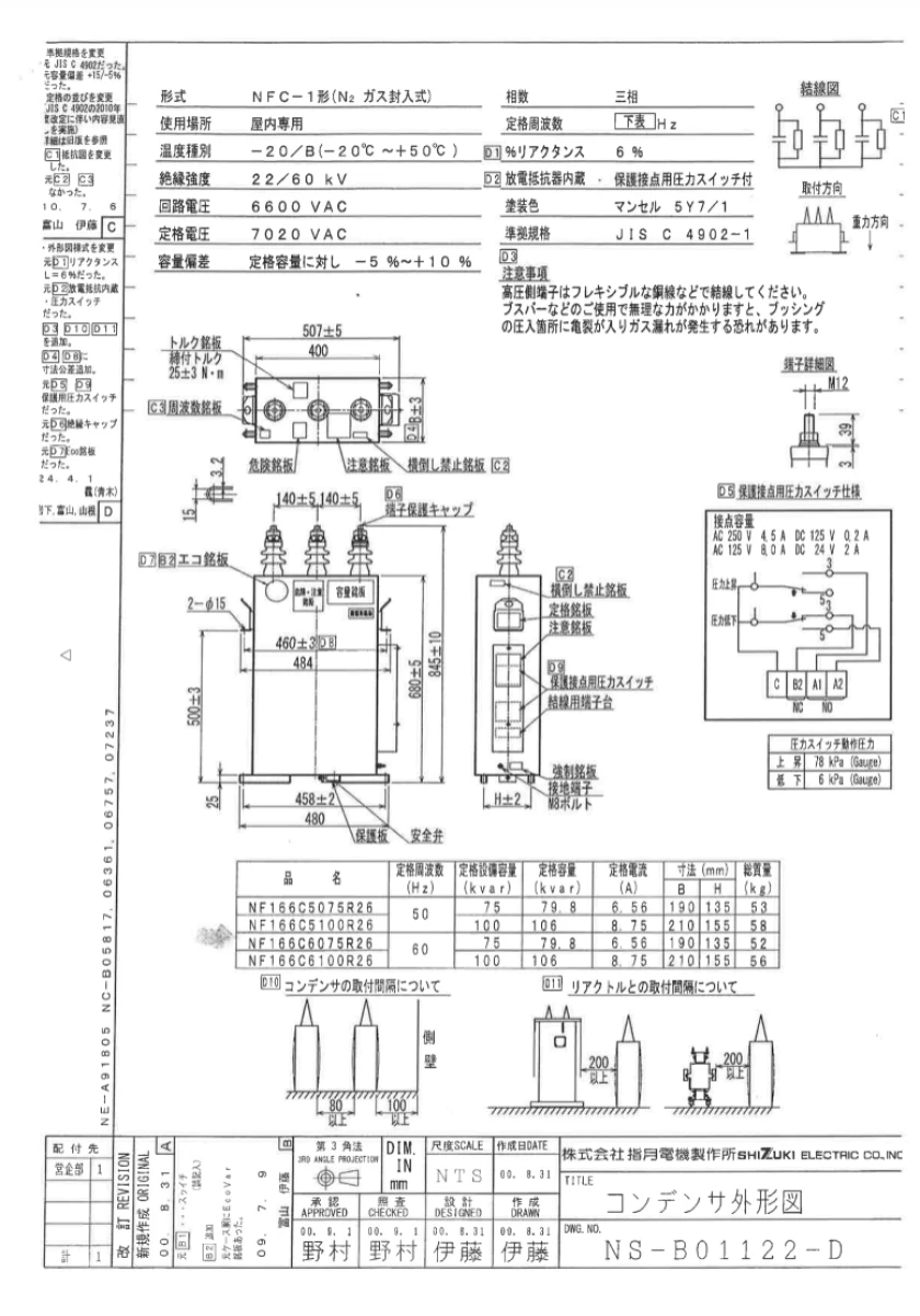【送料無料】指月電機高圧進相コンデンサ　窒素ガス封入式NFC-1 79.8kvar60(Hz)