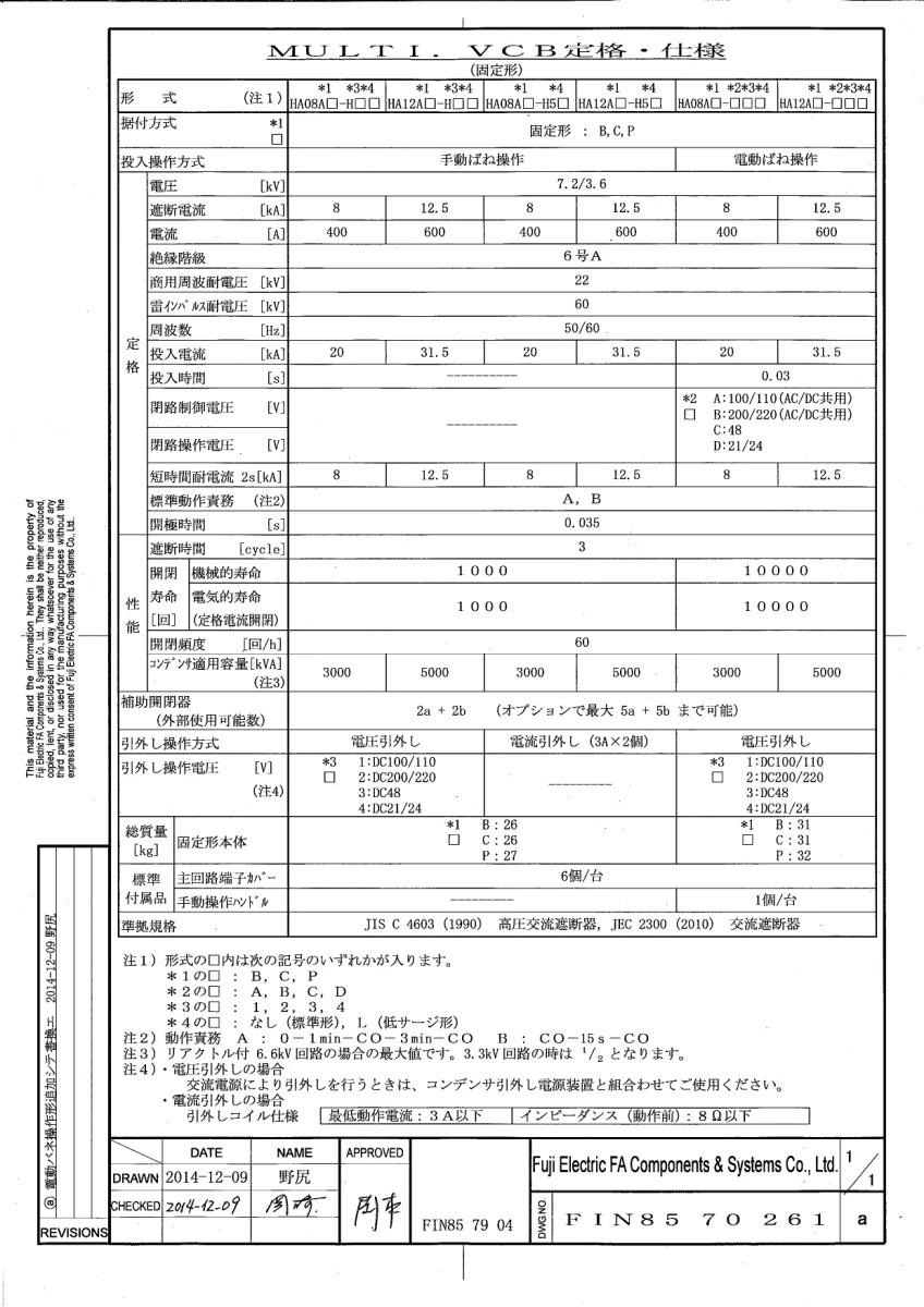 【送料無料】富士電機 キュービクル型真空遮断器HA08AC-A1 400A 電動電圧引き外し