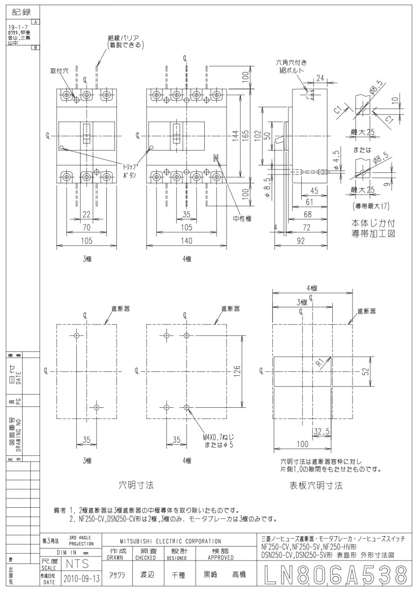 【送料無料】三菱電機 ノーヒューズ遮断機 NF250-CV3P 150A
