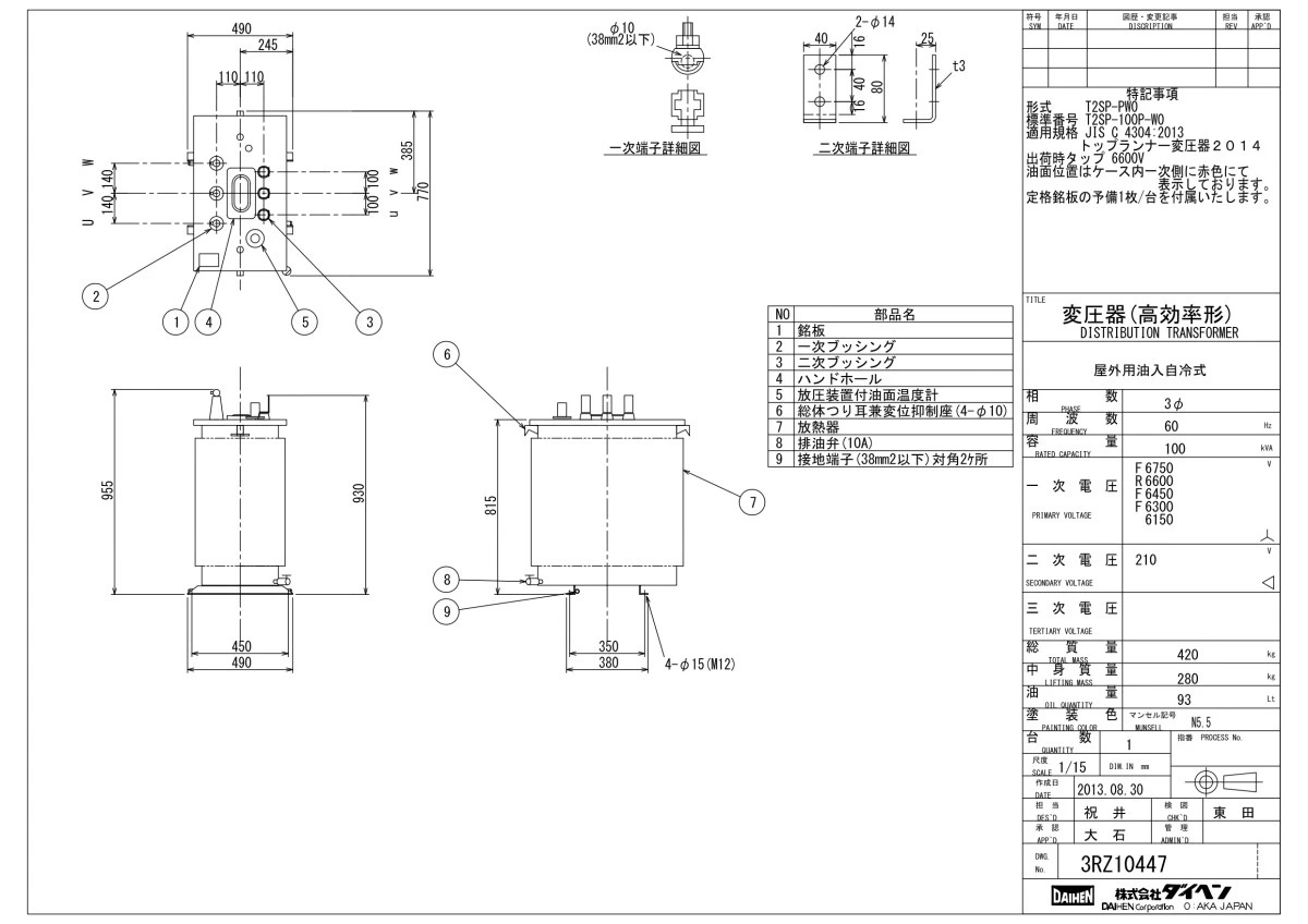 ダイヘン　トップランナーⅡ油入単相変圧器 三相T2SP-100P-W(60Hz)100kva