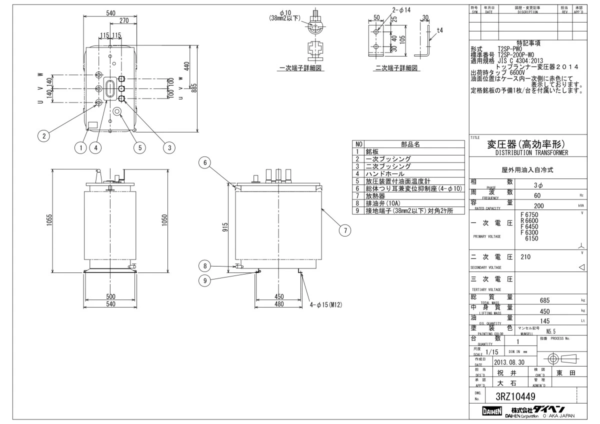 ダイヘン　トップランナーⅡ油入変圧器 三相T2SP-200P-W(60Hz)200kva