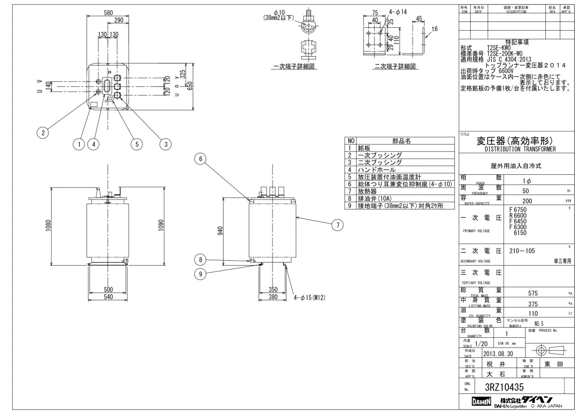 ダイヘン　トップランナーⅡ油入変圧器　単相T2SE-200K-W(50Hz)200kva