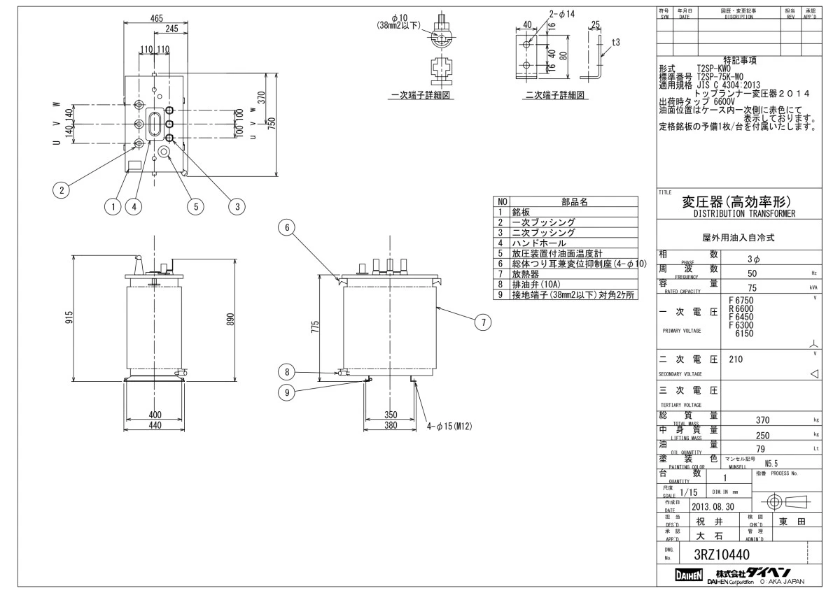 ダイヘン　トップランナーⅡ油入単相変圧器 三相T2SP-75K-W(50Hz)75kva